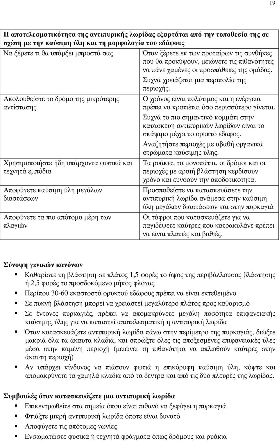Ακολουθείστε το δρόµο της µικρότερης αντίστασης Χρησιµοποιήστε ήδη υπάρχοντα φυσικά και τεχνητά εµπόδια Αποφύγετε καύσιµη ύλη µεγάλων διαστάσεων Αποφύγετε τα πιο απότοµα µέρη των πλαγιών Ο χρόνος