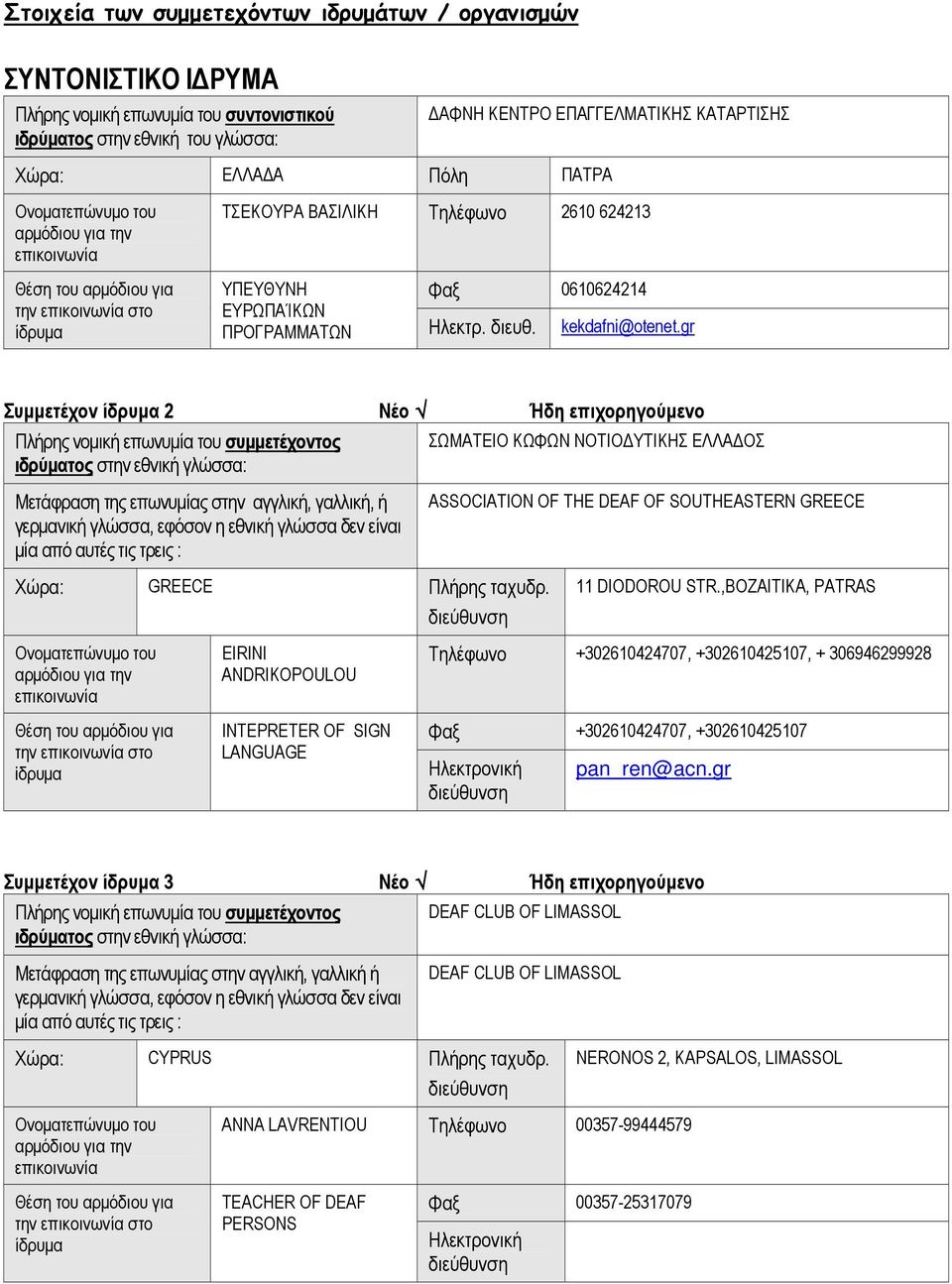 gr Συµµετέχον 2 Νέο Ήδη επιχορηγούµενο ΣΩΜΑΤΕΙΟ ΚΩΦΩΝ ΝΟΤΙΟ ΥΤΙΚΗΣ ΕΛΛΑ ΟΣ Μετάφραση της επωνυµίας στην αγγλική, γαλλική, ή ASSOCIATION OF THE DEAF OF SOUTHEASTERN GREECE Χώρα: GREECE Πλήρης ταχυδρ.