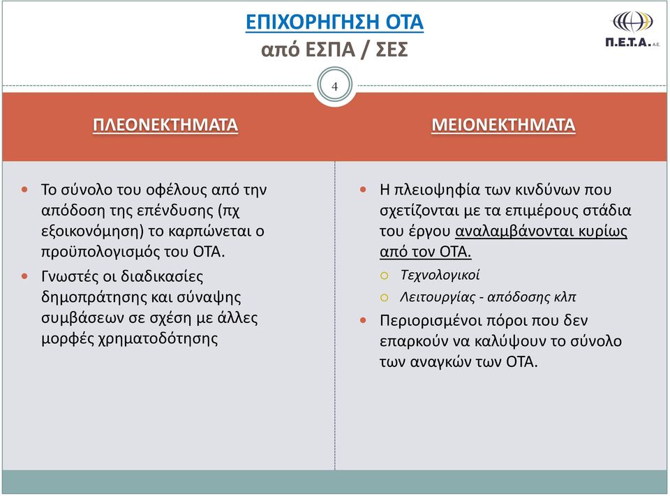 Γνωστές οι διαδικασίες δημοπράτησης και σύναψης συμβάσεων σε σχέση με άλλες μορφές χρηματοδότησης Η πλειοψηφία των κινδύνων