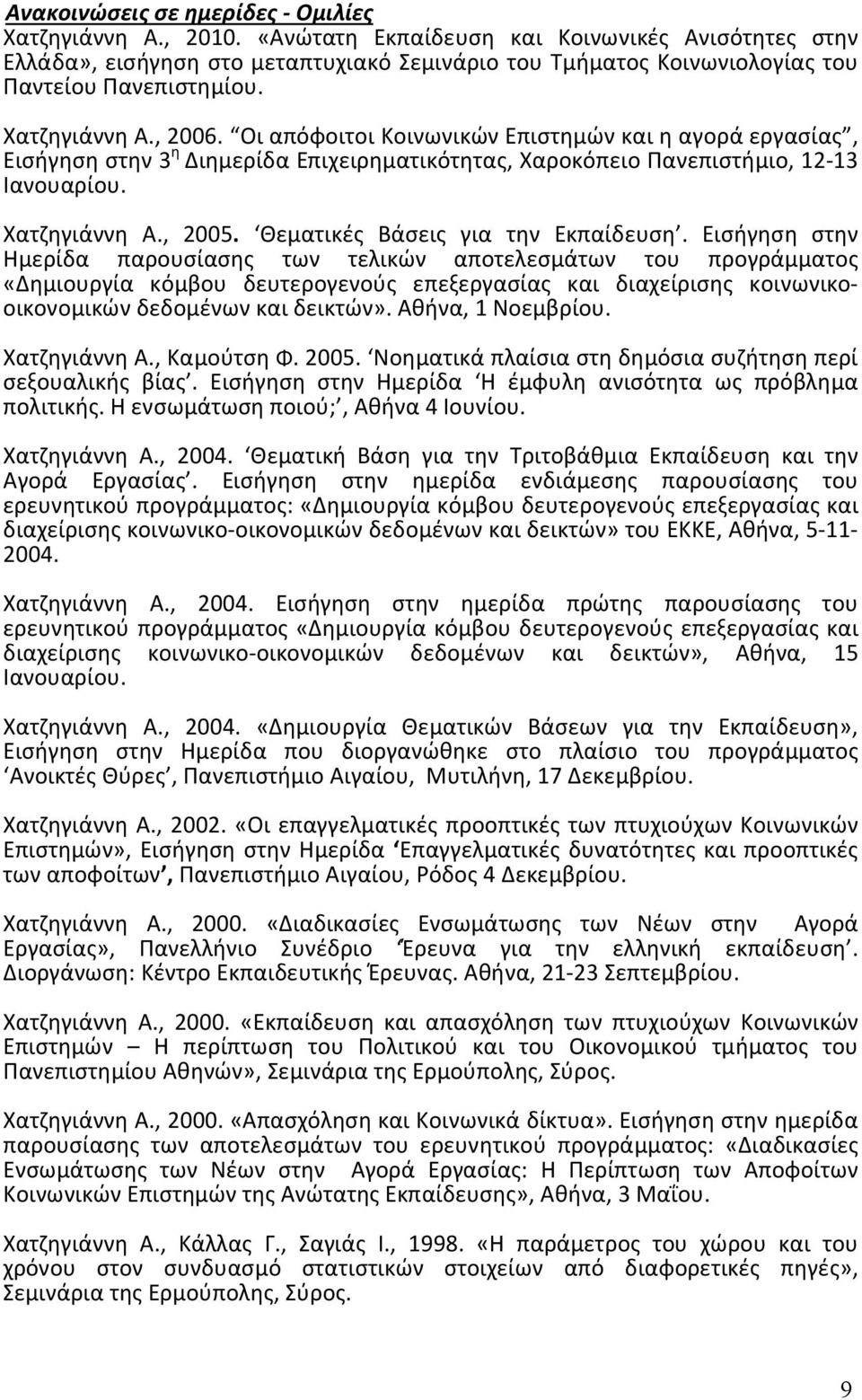 Οι απόφοιτοι Κοινωνικών Επιστημών και η αγορά εργασίας, Εισήγηση στην 3 η Διημερίδα Επιχειρηματικότητας, Χαροκόπειο Πανεπιστήμιο, 12-13 Ιανουαρίου. Χατζηγιάννη Α., 2005.