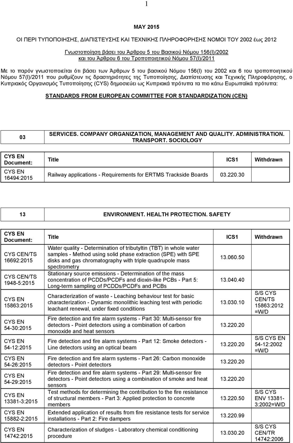 και Τεχνικής Πληροφόρησης, ο Κυπριακός Οργανισμός Τυποποίησης (CYS) δημοσιεύει ως Κυπριακά πρότυπα τα πιο κάτω Ευρωπαϊκά πρότυπα: STANDARDS FROM EUROPEAN COMMITTEE FOR STANDARDIZATION (CEN) 03