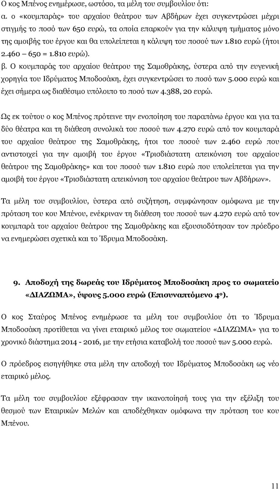 του ποσού των 1.810 ευρώ (ήτοι 2.460 650 = 1.810 ευρώ). β. Ο κουμπαράς του αρχαίου θεάτρου της Σαμοθράκης, ύστερα από την ευγενική χορηγία του Ιδρύματος Μποδοσάκη, έχει συγκεντρώσει το ποσό των 5.