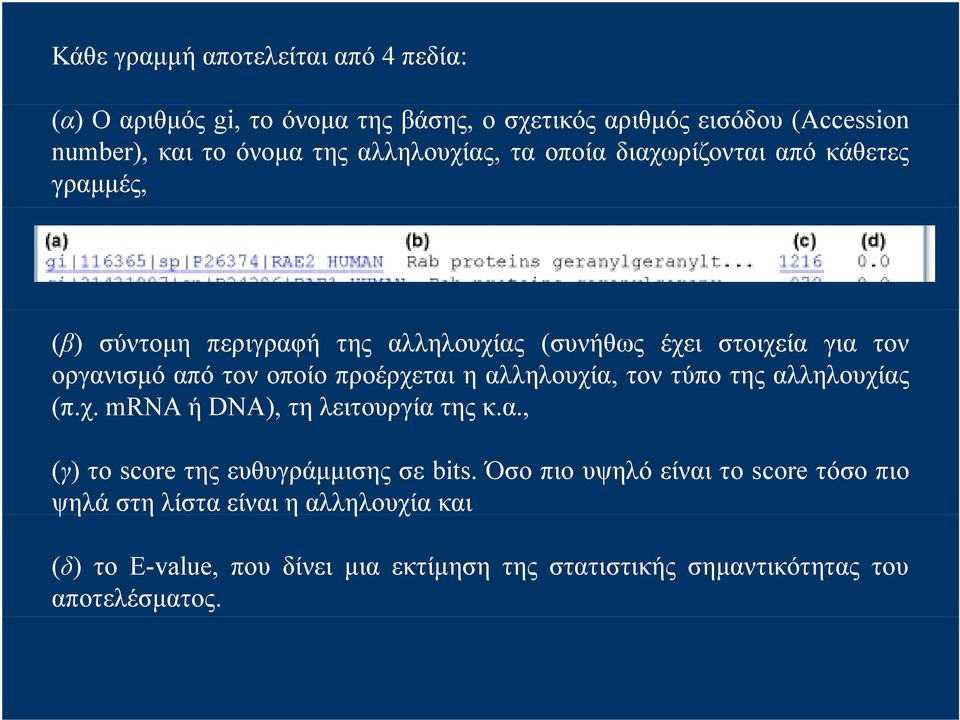 οποίο προέρχεται η αλληλουχία, τον τύπο της αλληλουχίας (π.χ. χ mrna ή DNA), τη λειτουργία της κ.α., (γ) το score της ευθυγράμμισης σε bits.