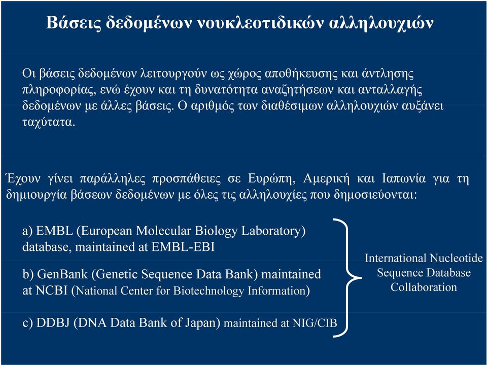 Έχουν γίνει παράλληλες προσπάθειες σε Ευρώπη, Αμερική και Ιαπωνία για τη δημιουργία βάσεων δεδομένων με όλες τις αλληλουχίες που δημοσιεύονται: a) EMBL (European Molecular