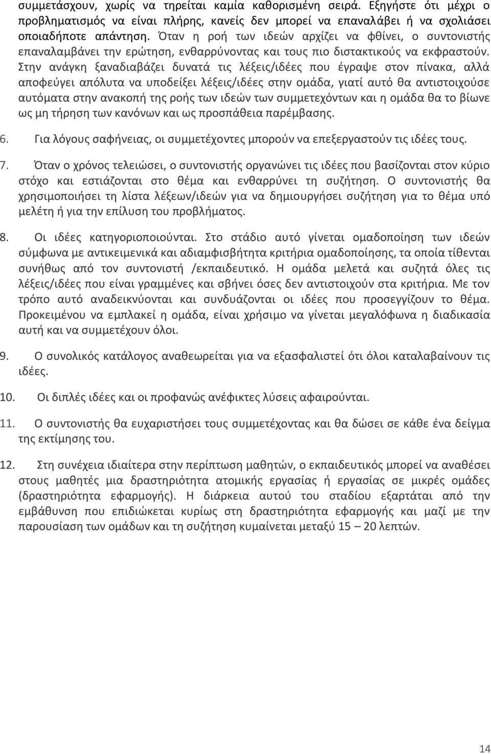 Στην ανάγκη ξαναδιαβάζει δυνατά τις λέξεις/ιδέες που έγραψε στον πίνακα, αλλά αποφεύγει απόλυτα να υποδείξει λέξεις/ιδέες στην ομάδα, γιατί αυτό θα αντιστοιχούσε αυτόματα στην ανακοπή της ροής των