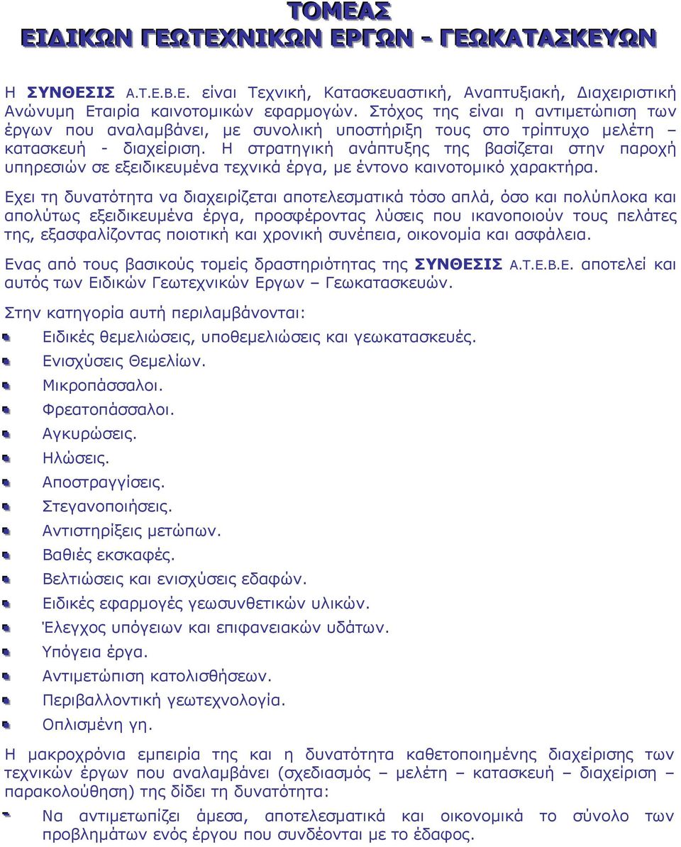 Η τρατηγική αάπτυξης της βαίζεται τη παροχή υπηρειώ ε εξειδικευµέα τεχικά έργα, µε έτοο καιοτοµικό χαρακτήρα.