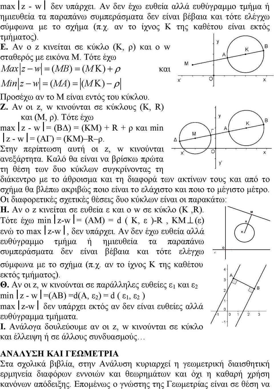 Αν οι z, w κινούνται σε κύκλους (Κ, R) και (Μ, ρ). Τότε έχω max z - w = (ΒΔ) = (ΚΜ) + R + ρ και min z - w = (AΓ) = (ΚΜ) R ρ. Στην περίπτωση αυτή οι z, w κινούνται ανεξάρτητα.