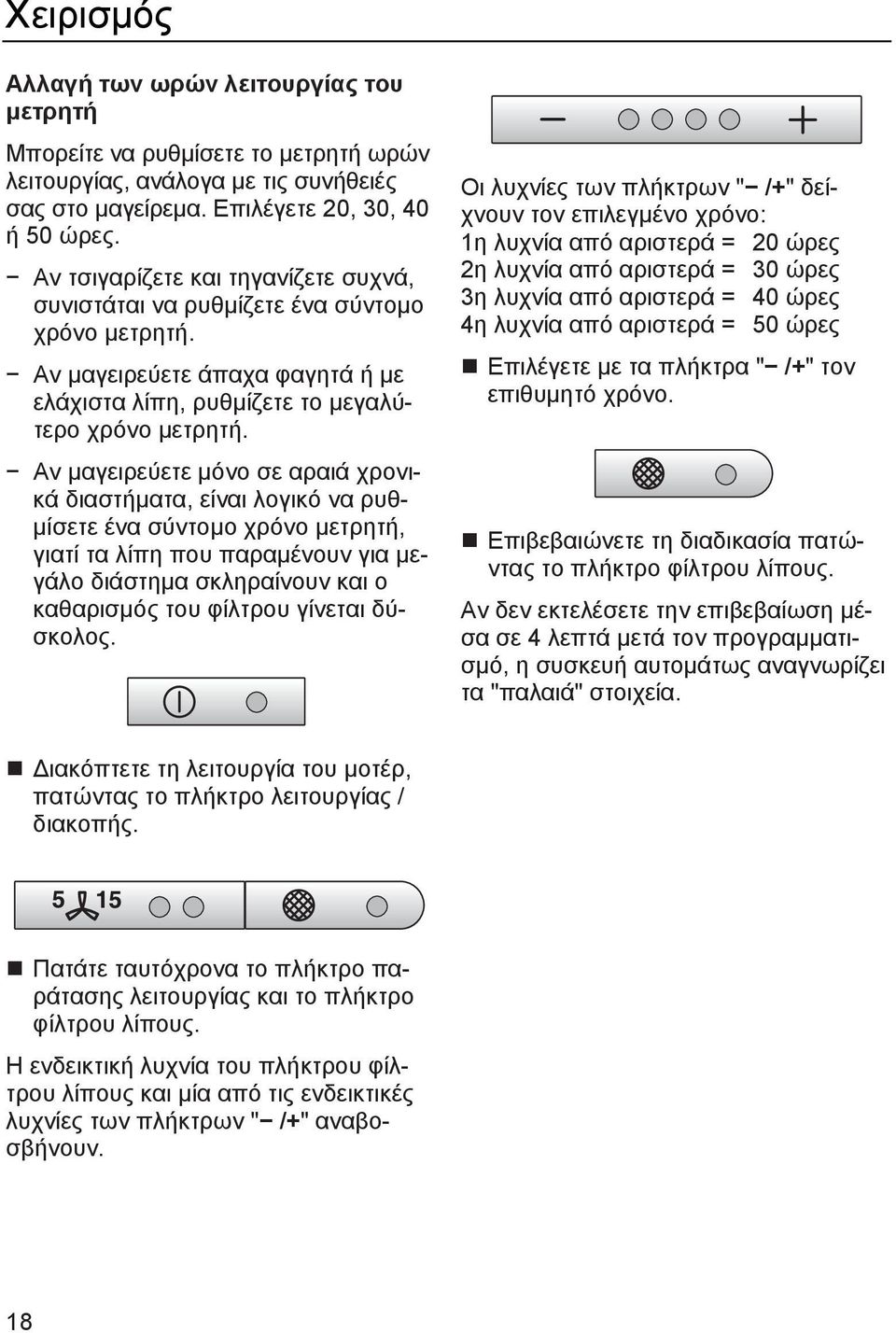 Αν μαγειρεύετε μόνο σε αραιά χρονικά διαστήματα, είναι λογικό να ρυθμίσετε ένα σύντομο χρόνο μετρητή, γιατί τα λίπη που παραμένουν για μεγάλο διάστημα σκληραίνουν και ο καθαρισμός του φίλτρου γίνεται