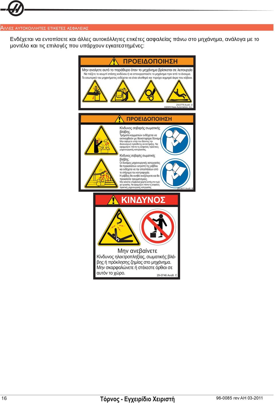 Το εσωτερικό του μηχανήματος ενδέχεται να είναι ολισθηρό και περιέχει αιχμηρά άκρα που κόβουν. 29-0779 Αναθ. D 2009 Haas Automation, Inc. ΠΡΟΕΙΔΟΠΟΙΗΣΗ Κίνδυνος σοβαρής σωματικής βλάβης.