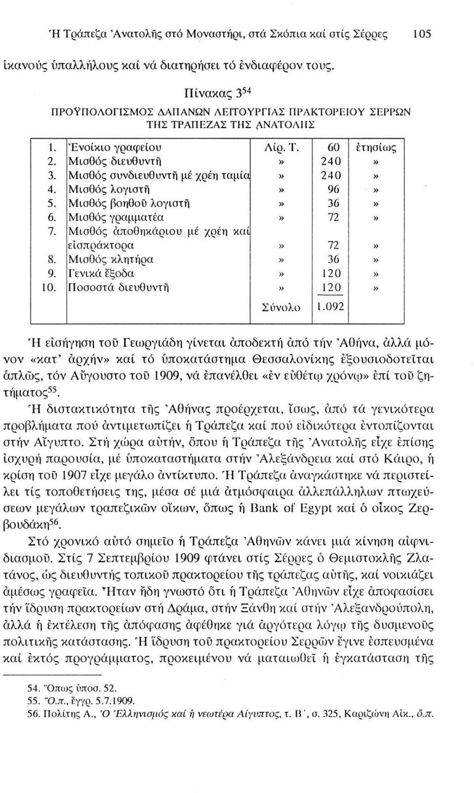 Μισθός συνδιευθυντή με χρέη ταμία 240» 4. Μισθός λογιστή» 96» 5. Μισθός βοηθού λογιστή» 36» 6. Μισθός γραμματέα» 72» 7. Μισθός άποθηκάριου μέ χρέη καί είσπράκτορα» 72» 8. Μισθός κλητήρα» 36» 9.