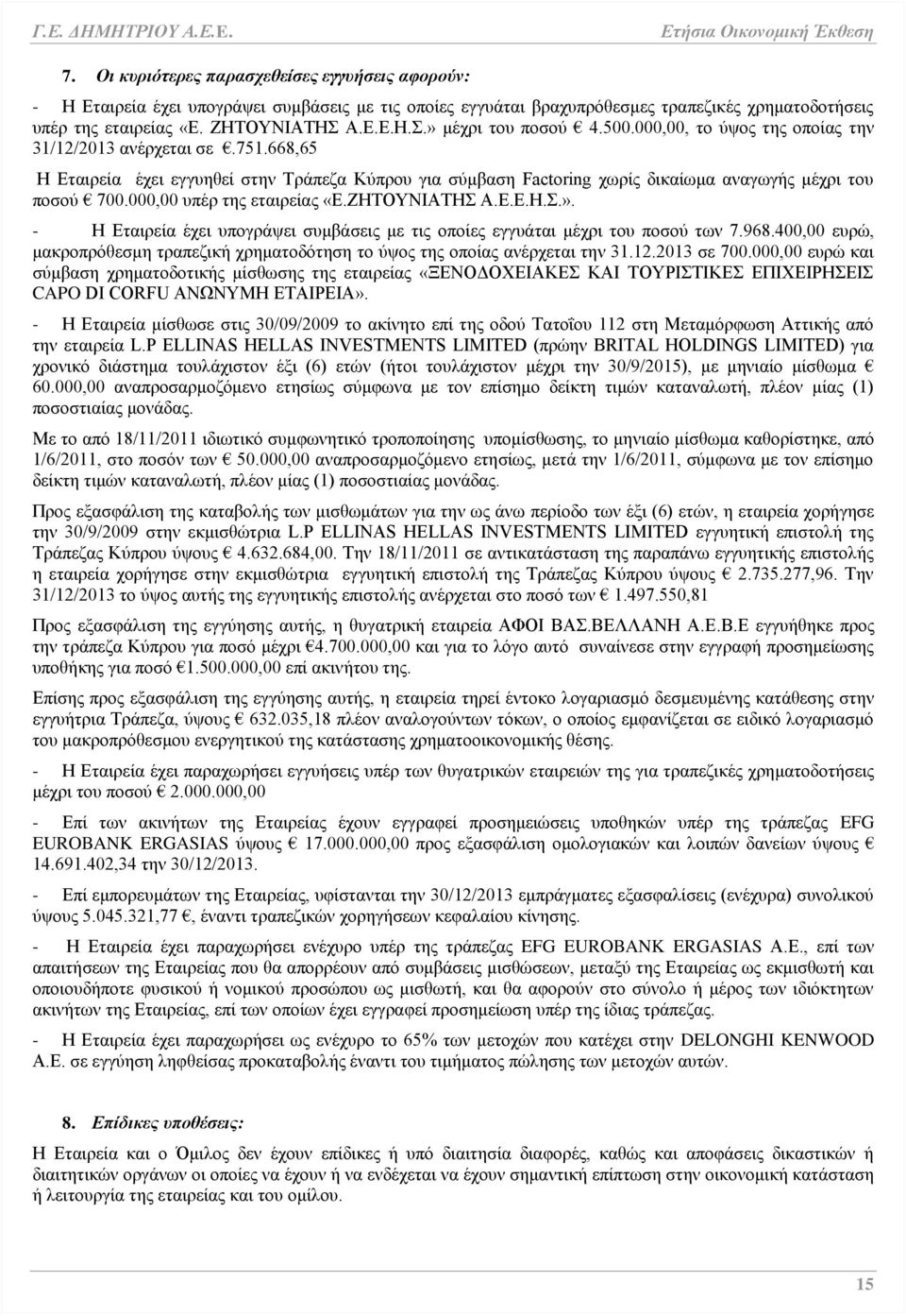 668,65 Η Εταιρεία έχει εγγυηθεί στην Τράπεζα Κύπρου για σύμβαση Factoring χωρίς δικαίωμα αναγωγής μέχρι του ποσού 700.000,00 υπέρ της εταιρείας «Ε.ΖΗΤΟΥΝΙΑΤΗΣ Α.Ε.Ε.Η.Σ.».