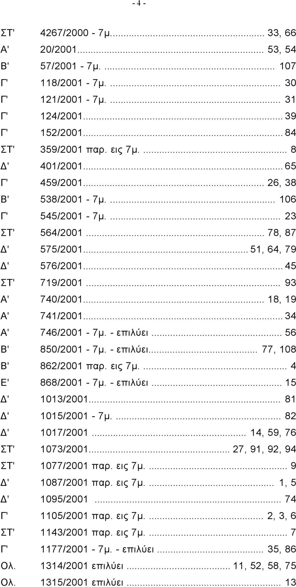 .. 34 Α' 746/2001-7μ. - επιλύει... 56 Β' 850/2001-7μ. - επιλύει... 77, 108 Β' 862/2001 παρ. εις 7μ.... 4 Ε' 868/2001-7μ. - επιλύει... 15 Δ' 1013/2001... 81 Δ' 1015/2001-7μ.... 82 Δ' 1017/2001.