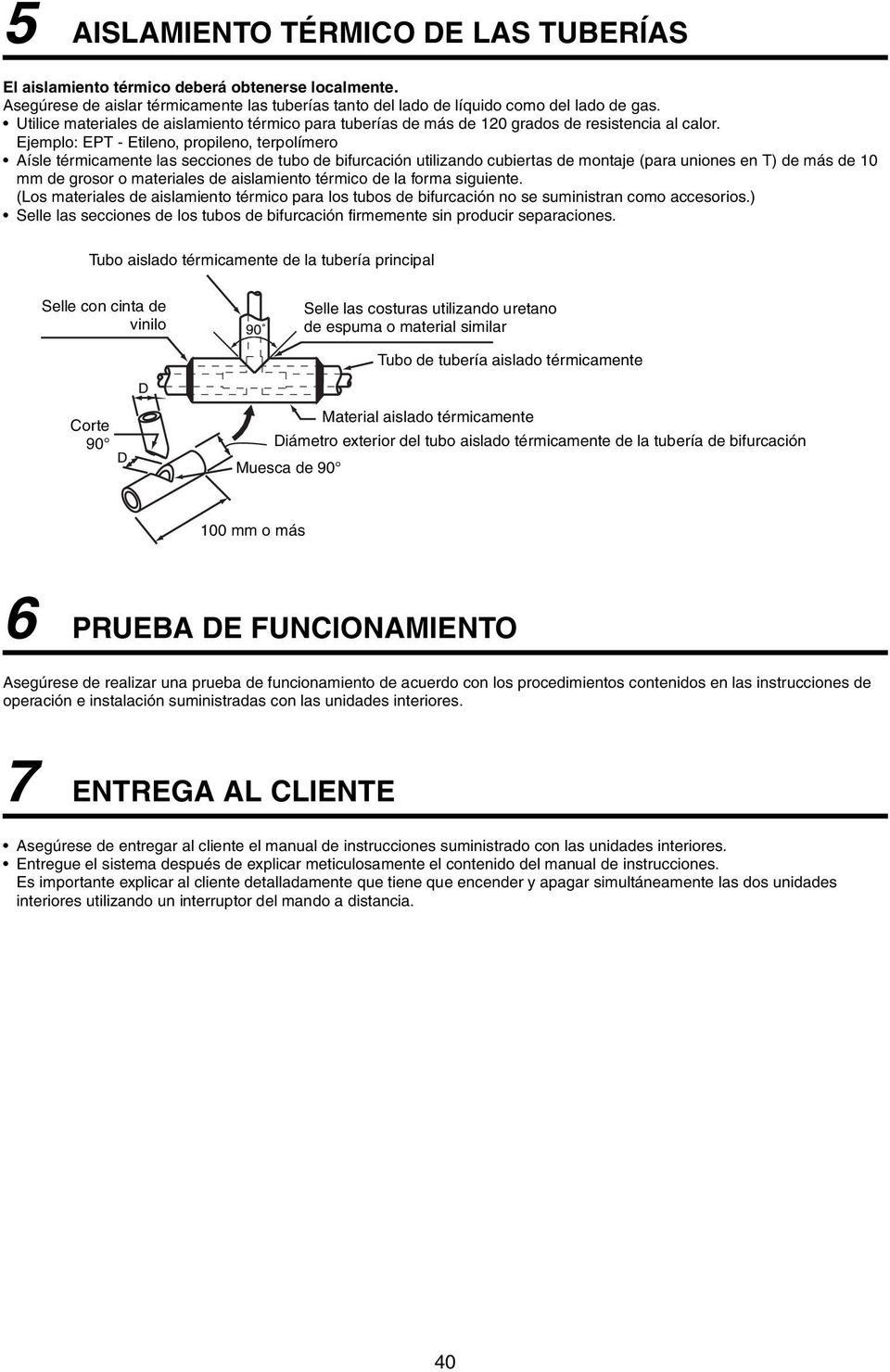 Ejemplo: EPT - Etileno, propileno, terpolímero Aísle térmicamente las secciones de tubo de bifurcación utilizando cubiertas de montaje (para uniones en T) de más de 10 mm de grosor o materiales de