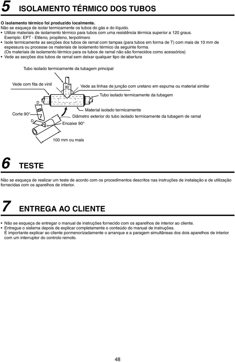 Exemplo: EPT - Etileno, propileno, terpolímero Isole termicamente as secções dos tubos de ramal com tampas (para tubos em forma de T) com mais de 10 mm de espessura ou processe os materiais de