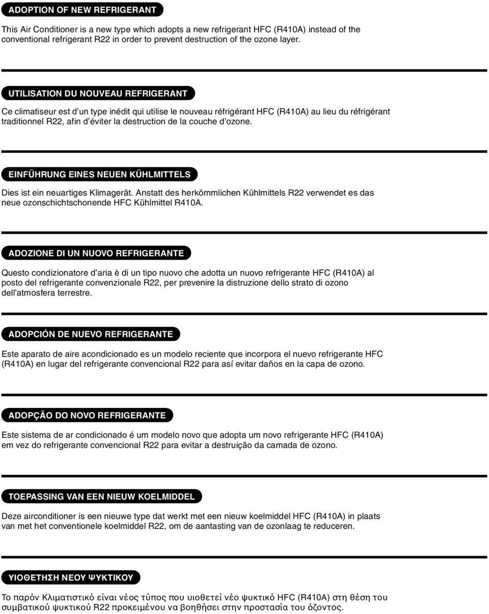 UTILISATION DU NOUVEAU REFRIGERANT Ce climatiseur est d un type inédit qui utilise le nouveau réfrigérant HFC (R410A) au lieu du réfrigérant traditionnel R22, afin d éviter la destruction de la