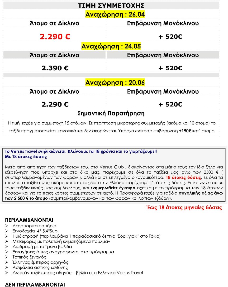 Σε περίπτωση μικρότερης συμμετοχής (ακόμα και 10 άτομα) το ταξίδι πραγματοποιείται κανονικά και δεν ακυρώνεται. Υπάρχει ωστόσο επιβάρυνση +190 κατ άτομο Το Versus travel ενηλικιώνεται.