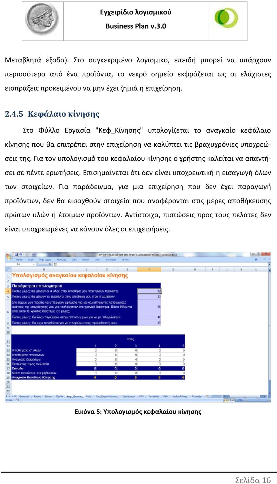 Για τον υπολογισμό του κεφαλαίου κίνησης ο χρήστης καλείται να απαντήσει σε πέντε ερωτήσεις. Επισημαίνεται ότι δεν είναι υποχρεωτική η εισαγωγή όλων των στοιχείων.