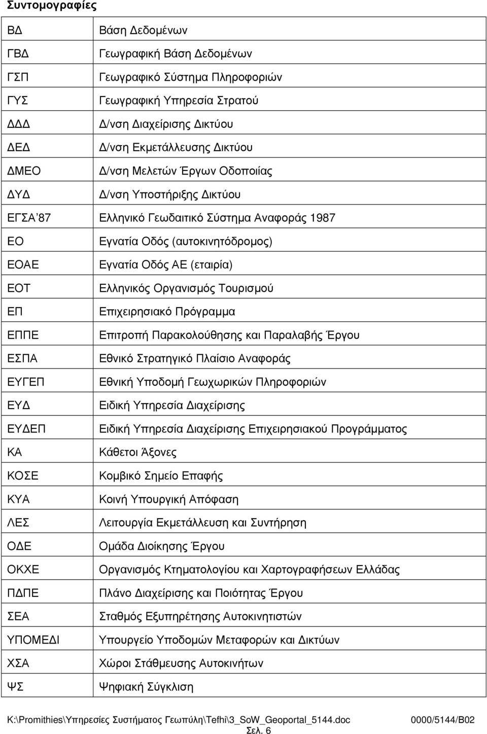 (αυτοκινητόδροµος) Εγνατία Οδός ΑΕ (εταιρία) Ελληνικός Οργανισµός Τουρισµού Επιχειρησιακό Πρόγραµµα Επιτροπή Παρακολούθησης και Παραλαβής Έργου Εθνικό Στρατηγικό Πλαίσιο Αναφοράς Εθνική Υποδοµή