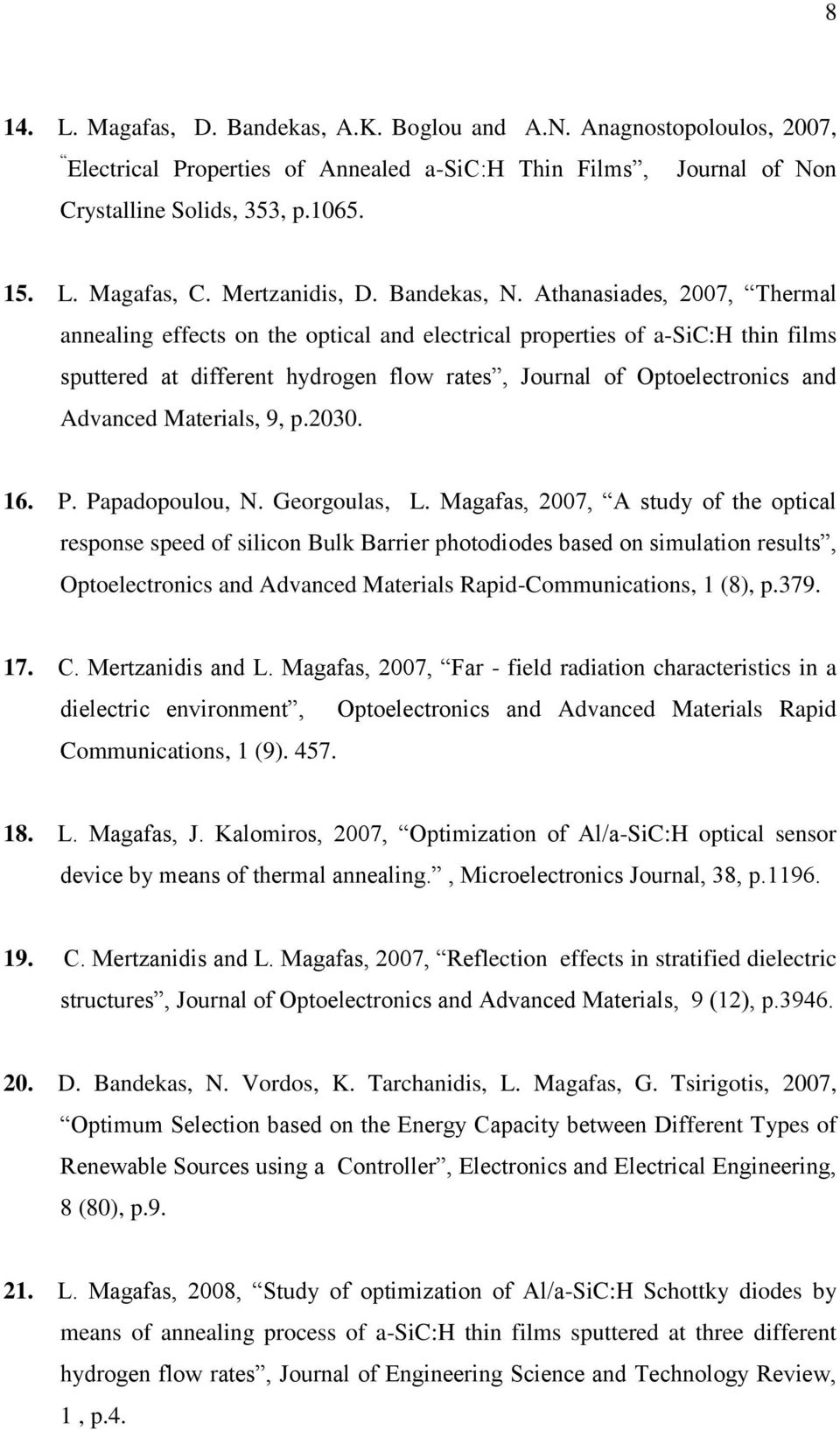 Athanasiades, 2007, Thermal annealing effects on the optical and electrical properties of a-sic:h thin films sputtered at different hydrogen flow rates, Journal of Optoelectronics and Advanced