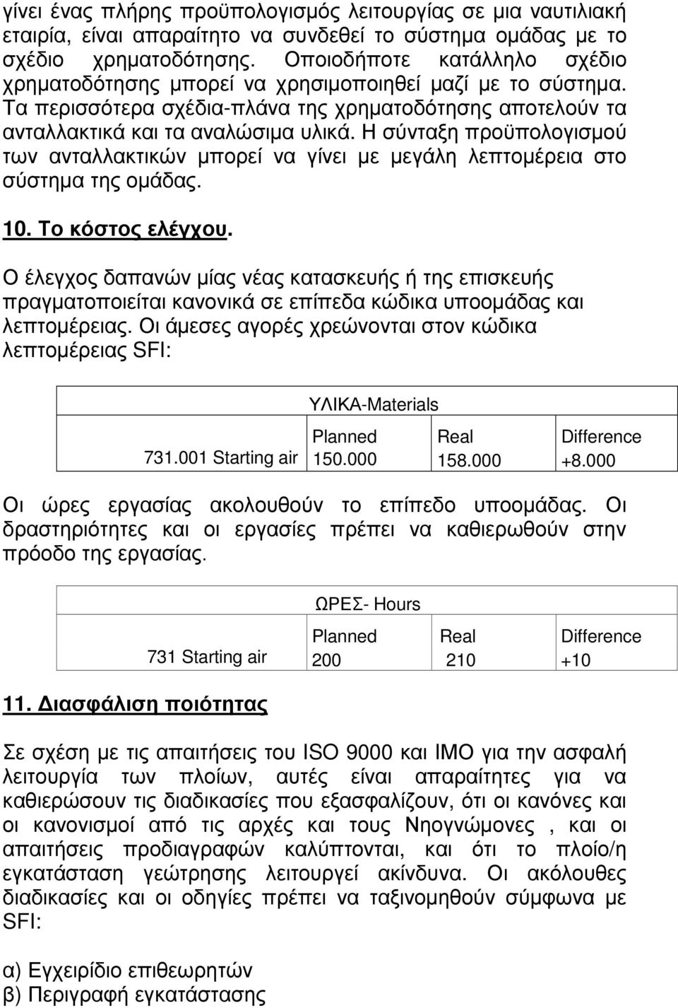 Η σύνταξη προϋπολογισµού των ανταλλακτικών µπορεί να γίνει µε µεγάλη λεπτοµέρεια στο σύστηµα της οµάδας. 10. Το κόστος ελέγχου.