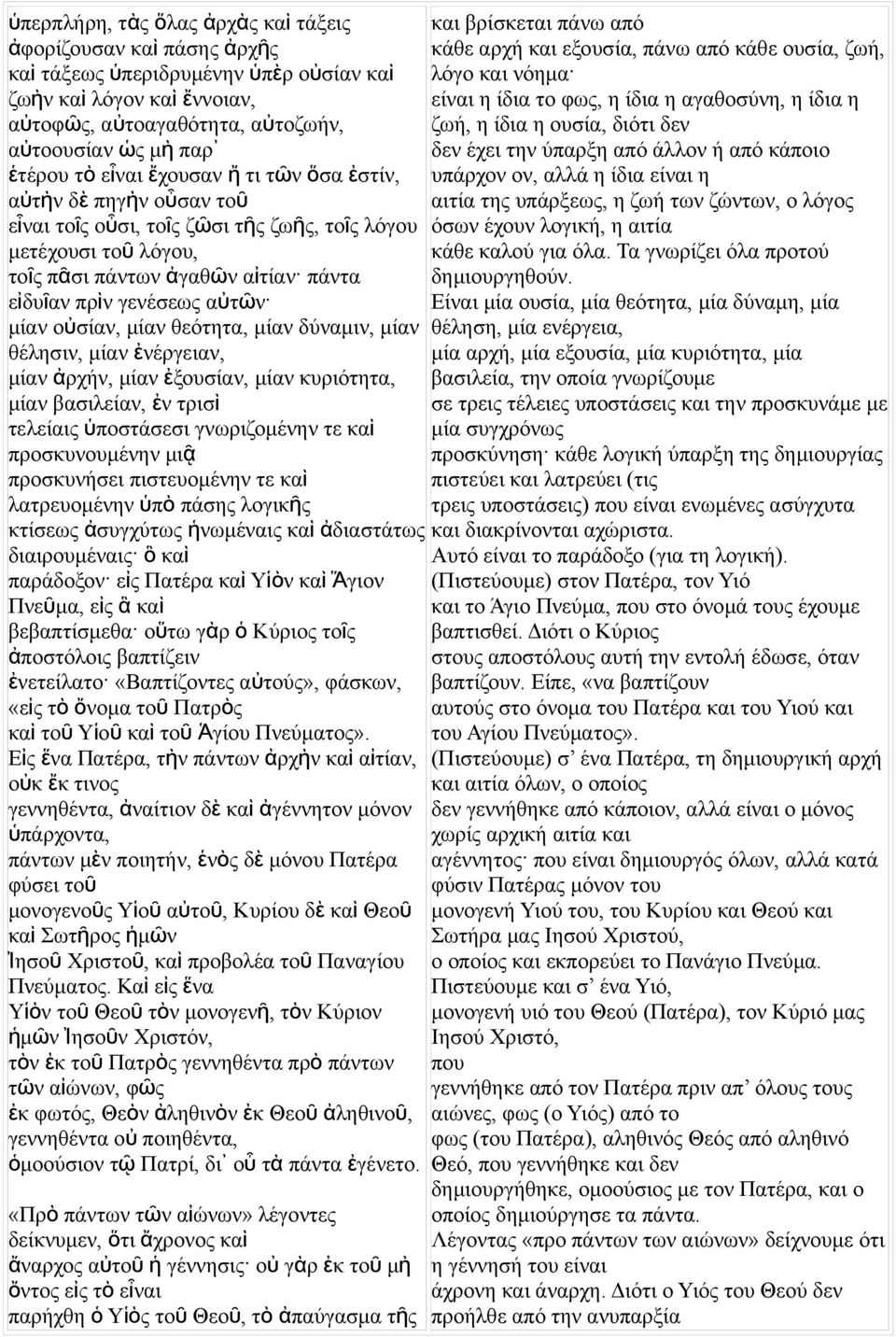 μία θέλησι, μία ἐέργεια, μία ἀρχή, μία ἐ ξουσία, μία κυριότητα, μία βασιλεία, ἐ τρισ ὶ τελείαι ὑποστάσεσι γωριζομέη τε καὶ προσκυουμέη μι ᾷ προσκυήσει πιστευομέη τε καὶ λατρευομέη ὑπ ὸ πάση λογικῆ