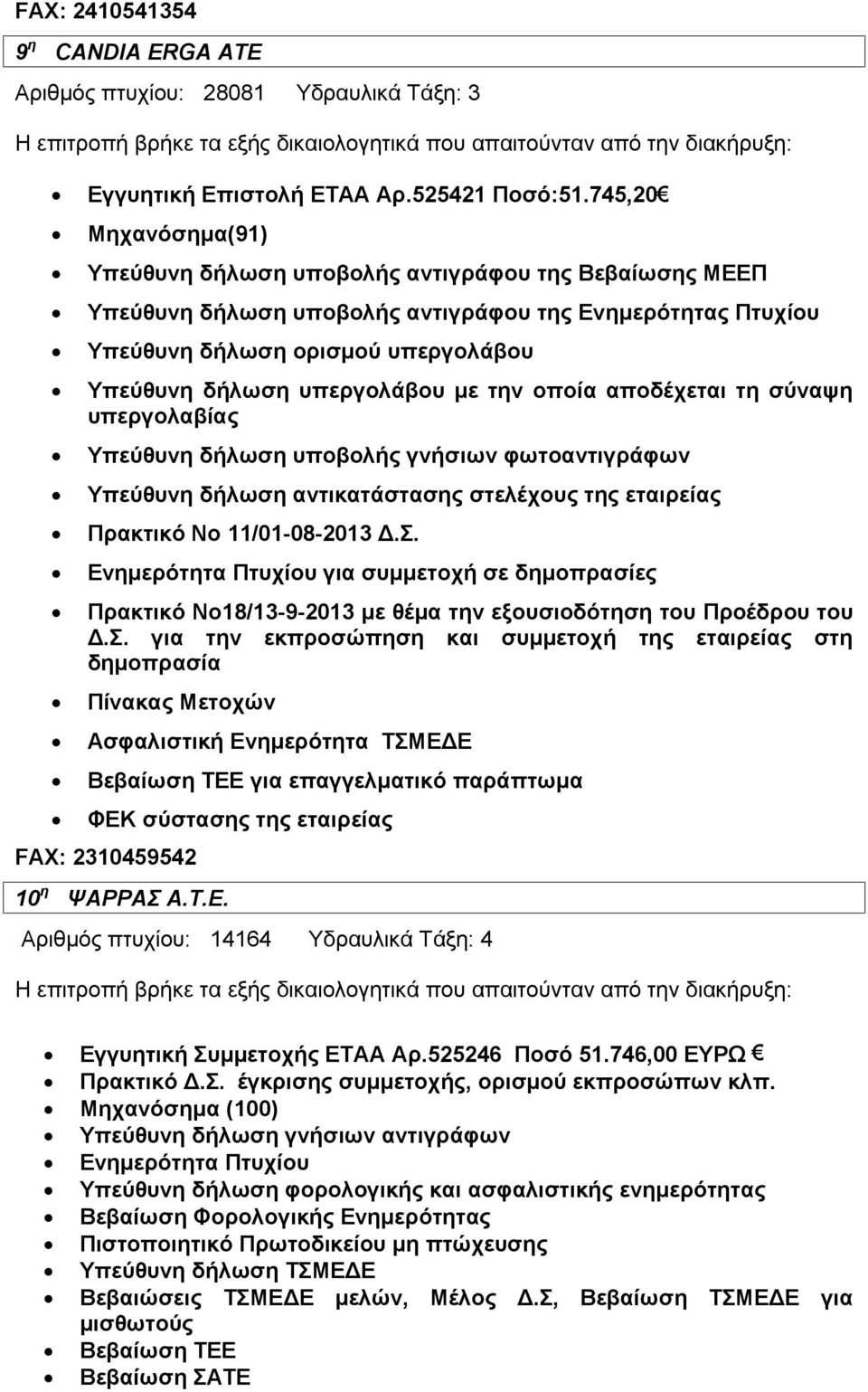 υπεργολάβου με την οποία αποδέχεται τη σύναψη υπεργολαβίας Υπεύθυνη δήλωση υποβολής γνήσιων φωτοαντιγράφων Υπεύθυνη δήλωση αντικατάστασης στελέχους της εταιρείας Πρακτικό Νο 11/01-08-2013 Δ.Σ.