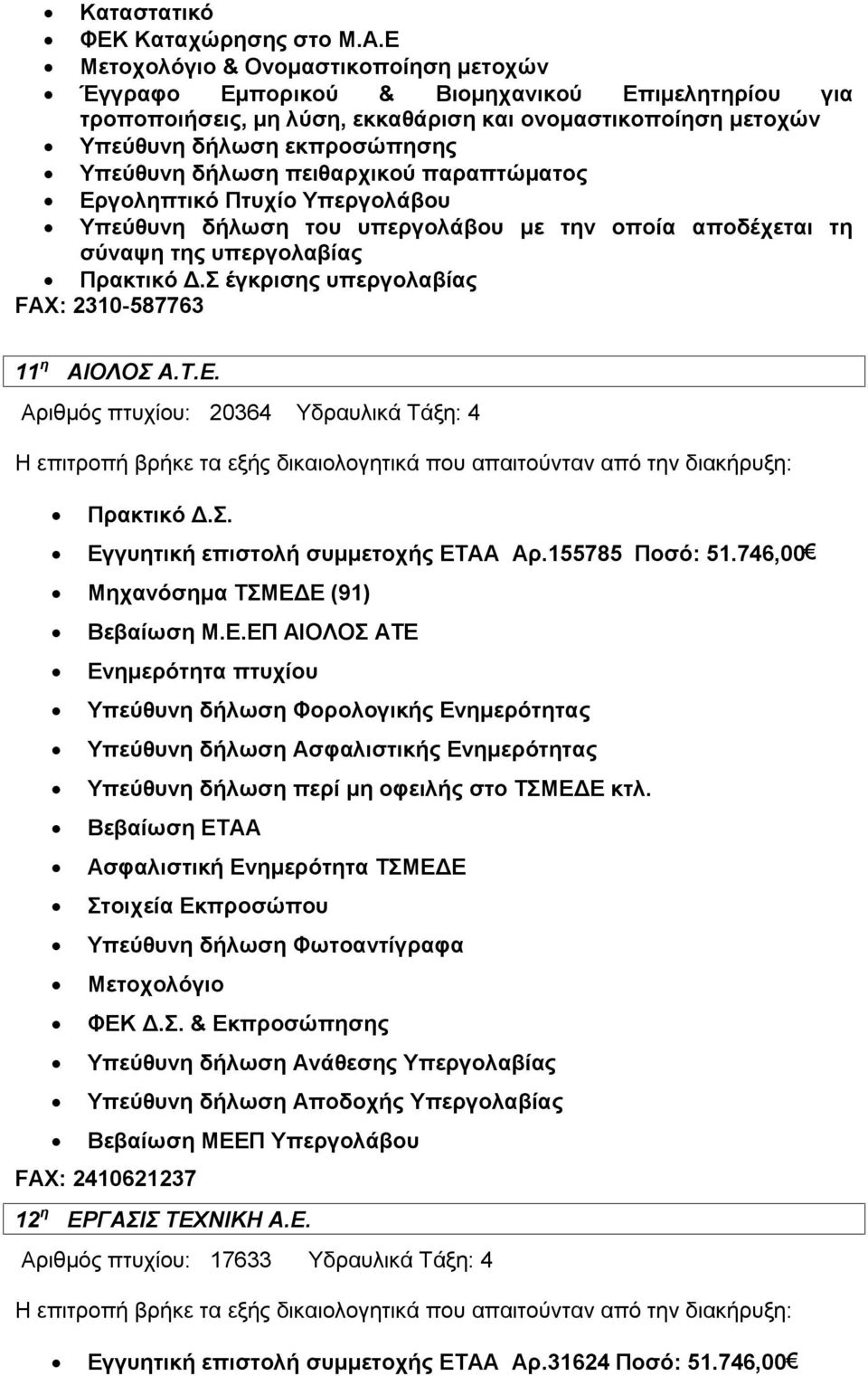 δήλωση πειθαρχικού παραπτώματος Εργοληπτικό Πτυχίο Υπεργολάβου Υπεύθυνη δήλωση του υπεργολάβου με την οποία αποδέχεται τη σύναψη της υπεργολαβίας Πρακτικό Δ.