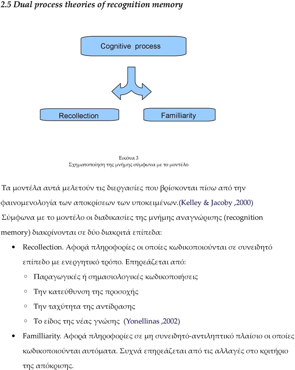 (κelley & Jacoby,2000) Σύμφωνα με το μοντέλο οι διαδικασίες της μνήμης αναγνώρισης (recognition memory) διακρίνονται σε δύο διακριτά επίπεδα: Recollection.