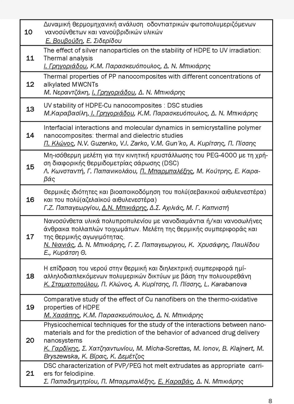 Μπικιάρης Thermal properties of PP nanocomposites with different concentrations of alkylated MWCNTs Μ. Νεραντζάκη, Ι. Γρηγοριάδου, Δ. Ν. Μπικιάρης UV stability of HDPE-Cu nanocomposites : DSC studies Μ.