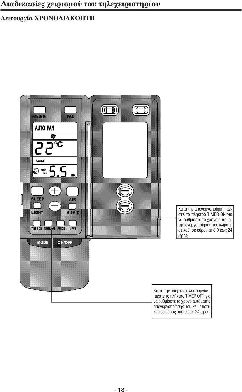 σε εύρος από 0 έως 24 ώρες Κατά την διάρκεια λειτουργίας, πιέστε το πλήκτρο TIMER OFF, για να