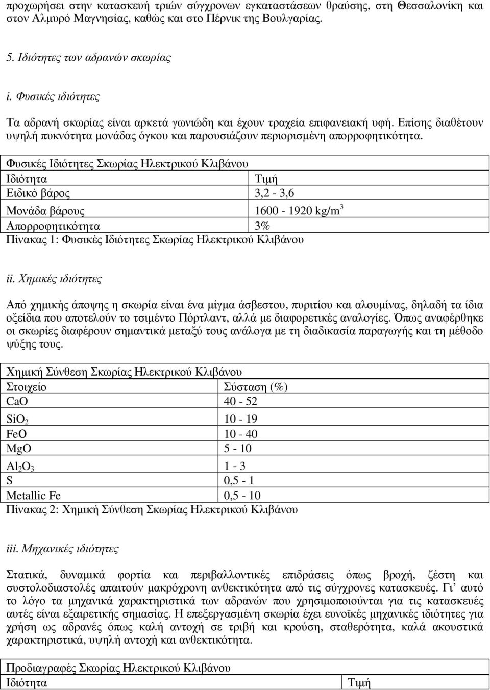 Φυσικές Ιδιότητες Σκωρίας Ηλεκτρικού Κλιβάνου Ιδιότητα Τιµή Ειδικό βάρος 3,2-3,6 Μονάδα βάρους 1600-1920 kg/m 3 Απορροφητικότητα 3% Πίνακας 1: Φυσικές Ιδιότητες Σκωρίας Ηλεκτρικού Κλιβάνου ii.