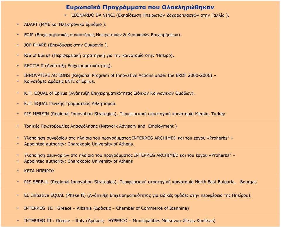 RECITE II (Ανάπτυξη Επιχειρηματικότητας). INNOVATIVE ACTIONS (Regional Program of Innovative Actions under the ERDF 2000-2006) Καινοτόμες Δράσεις ENTI of Epirus. Κ.Π.