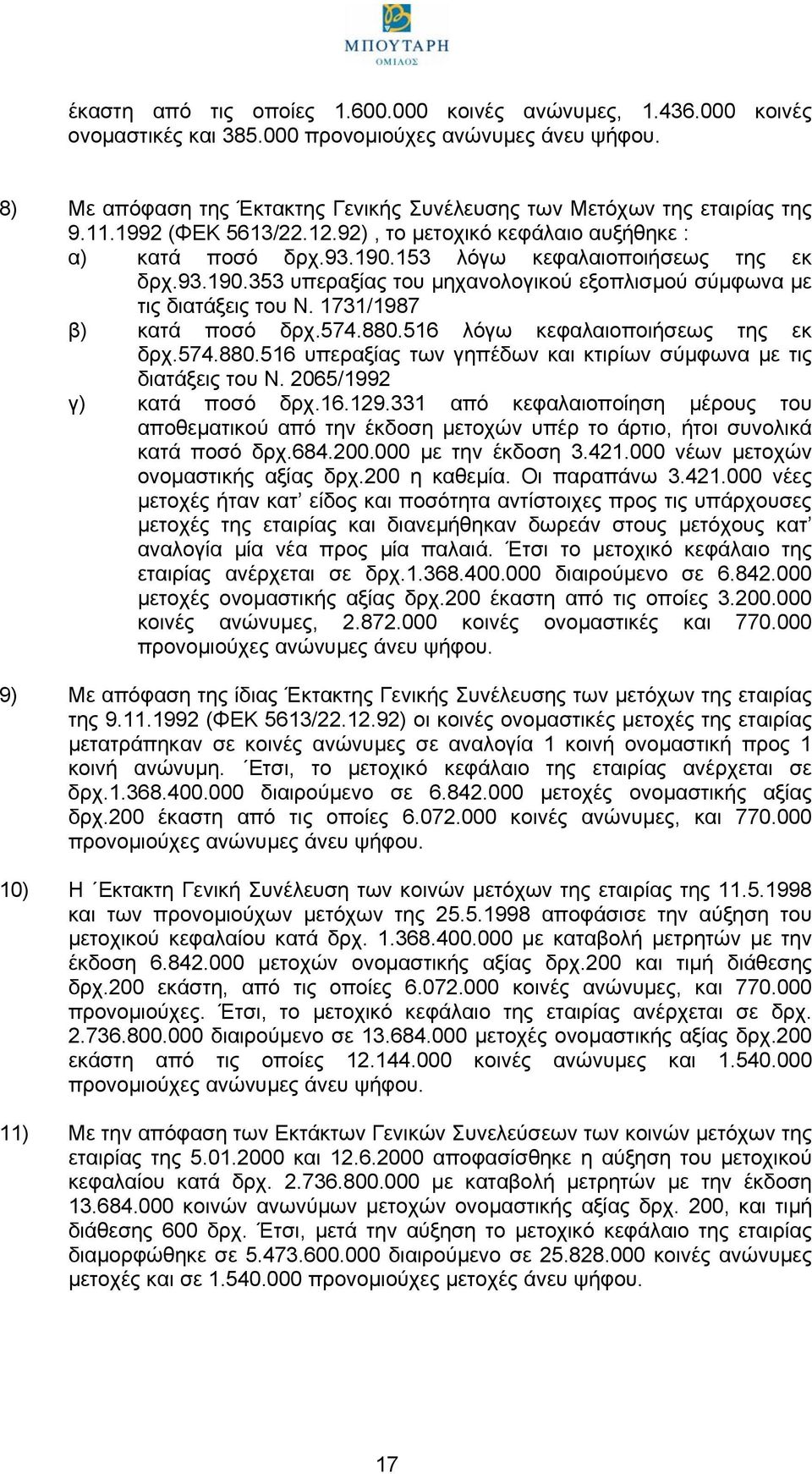 93.190.353 υπεραξίας του µηχανολογικού εξοπλισµού σύµφωνα µε τις διατάξεις του Ν. 1731/1987 β) κατά ποσό δρχ.574.880.516 λόγω κεφαλαιοποιήσεως της εκ δρχ.574.880.516 υπεραξίας των γηπέδων και κτιρίων σύµφωνα µε τις διατάξεις του Ν.