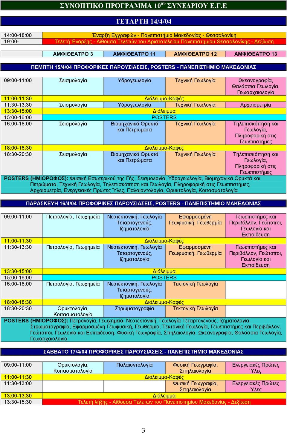 Ε ΤΕΤΑΡΤΗ 14/4/04 14:00-18:00 Έναρξη Εγγραφών - Πανεπιστήµιο Μακεδονίας - Θεσσαλονίκη 19:00- Τελετή Έναρξης - Αίθουσα Τελετών του Αριστοτελείου Πανεπιστηµίου Θεσσαλονίκης - εξίωση ΑΜΦΙΘΕΑΤΡΟ 3