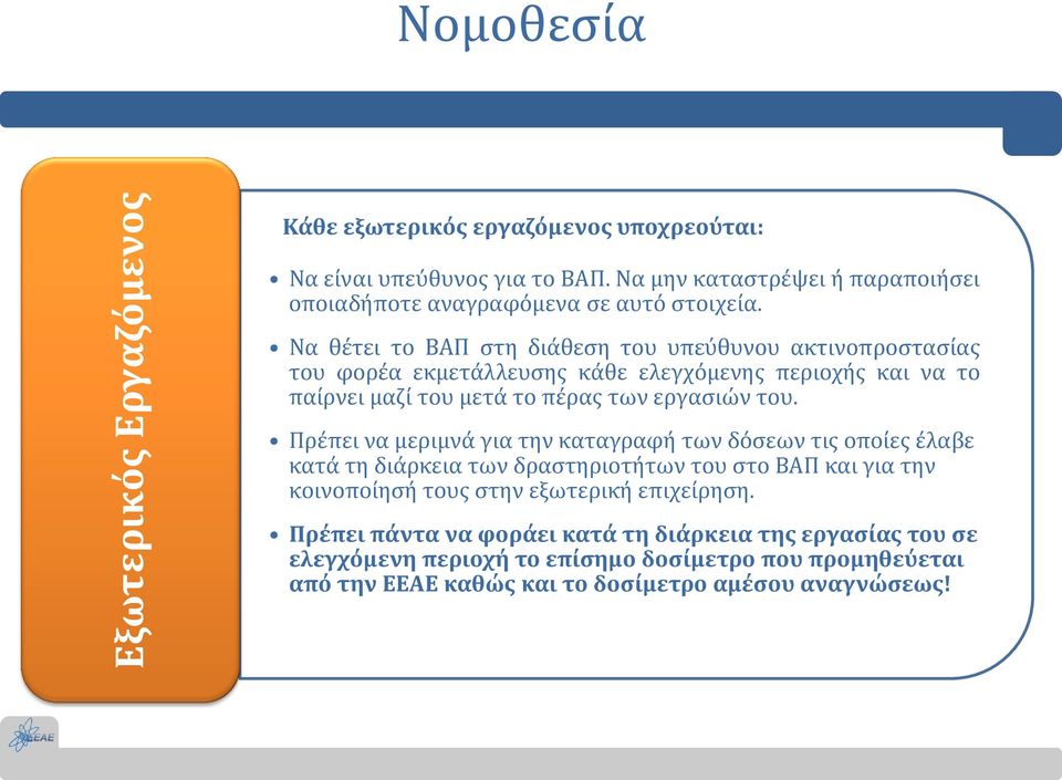 Να θέτει το ΒΑΠ στη διάθεση του υπεύθυνου ακτινοπροστασίας του φορέα εκμετάλλευσης κάθε ελεγχόμενης περιοχής και να το παίρνει μαζί του μετά το πέρας των εργασιών του.