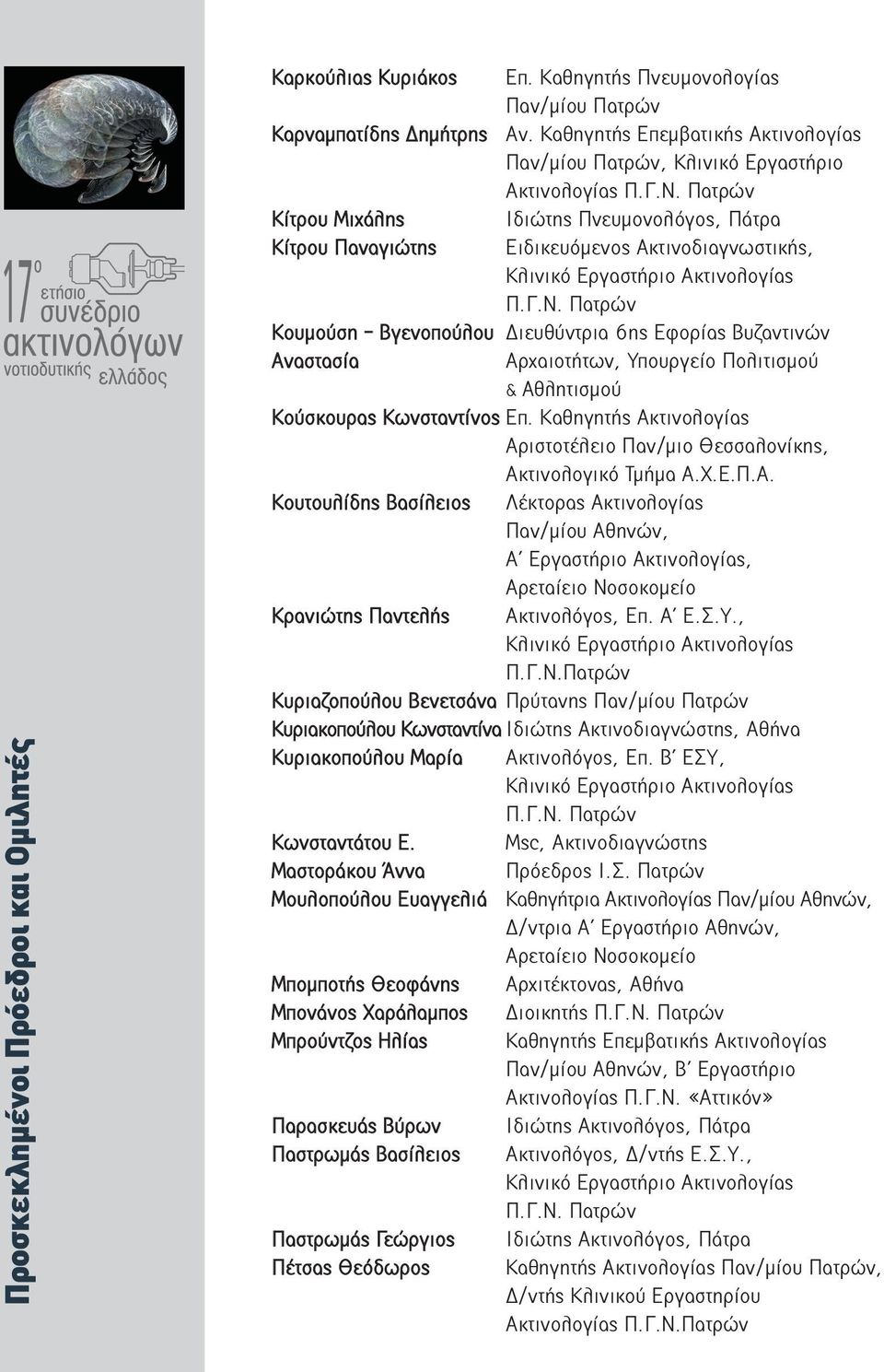 6ης Εφορίας Βυζαντινών Αναστασία Αρχαιοτήτων, Υπουργείο Πολιτισμού & Αθλητισμού Κούσκουρας Κωνσταντίνος Επ. Καθηγητής Ακτινολογίας Αριστοτέλειο Παν/μιο Θεσσαλονίκης, Ακτινολογικό Τμήμα Α.Χ.Ε.Π.Α. Κουτουλίδης Βασίλειος Λέκτορας Ακτινολογίας Παν/μίου Αθηνών, Α Εργαστήριο Ακτινολογίας, Αρεταίειο Νοσοκομείο Κρανιώτης Παντελής Ακτινολόγος, Επ.