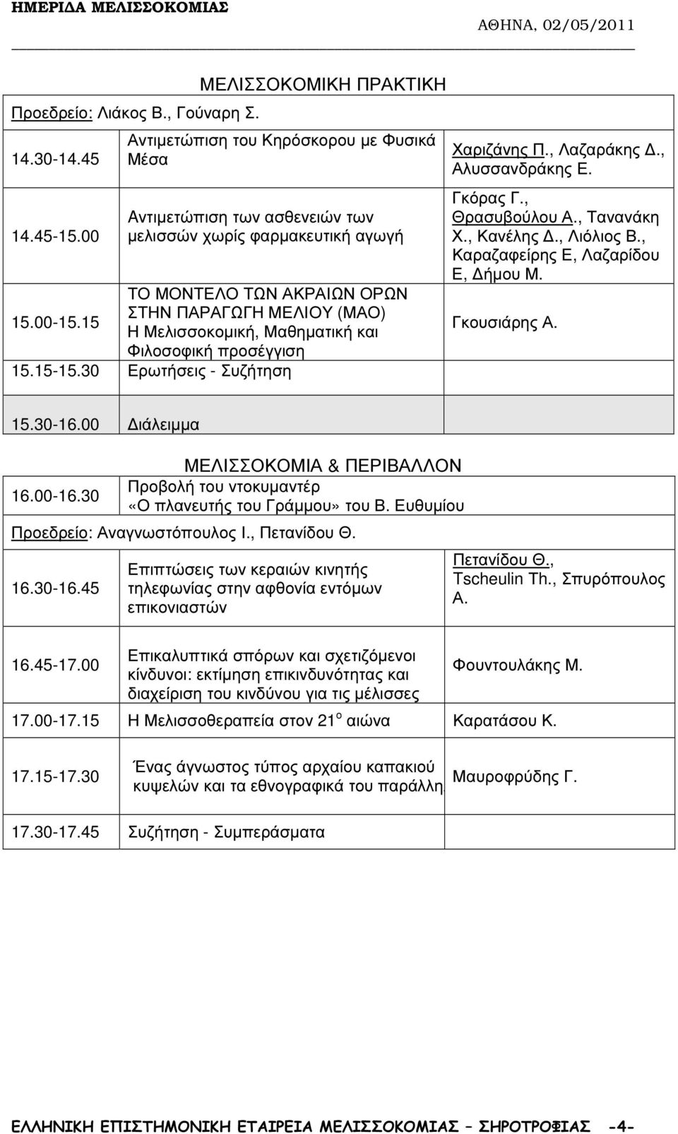 15 Η Μελισσοκοµική, Μαθηµατική και Φιλοσοφική προσέγγιση 15.15-15.30 Ερωτήσεις - Συζήτηση Χαριζάνης Π., Λαζαράκης., Αλυσσανδράκης Ε. Γκόρας Γ., Θρασυβούλου Α., Τανανάκη Χ., Κανέλης., Λιόλιος Β.