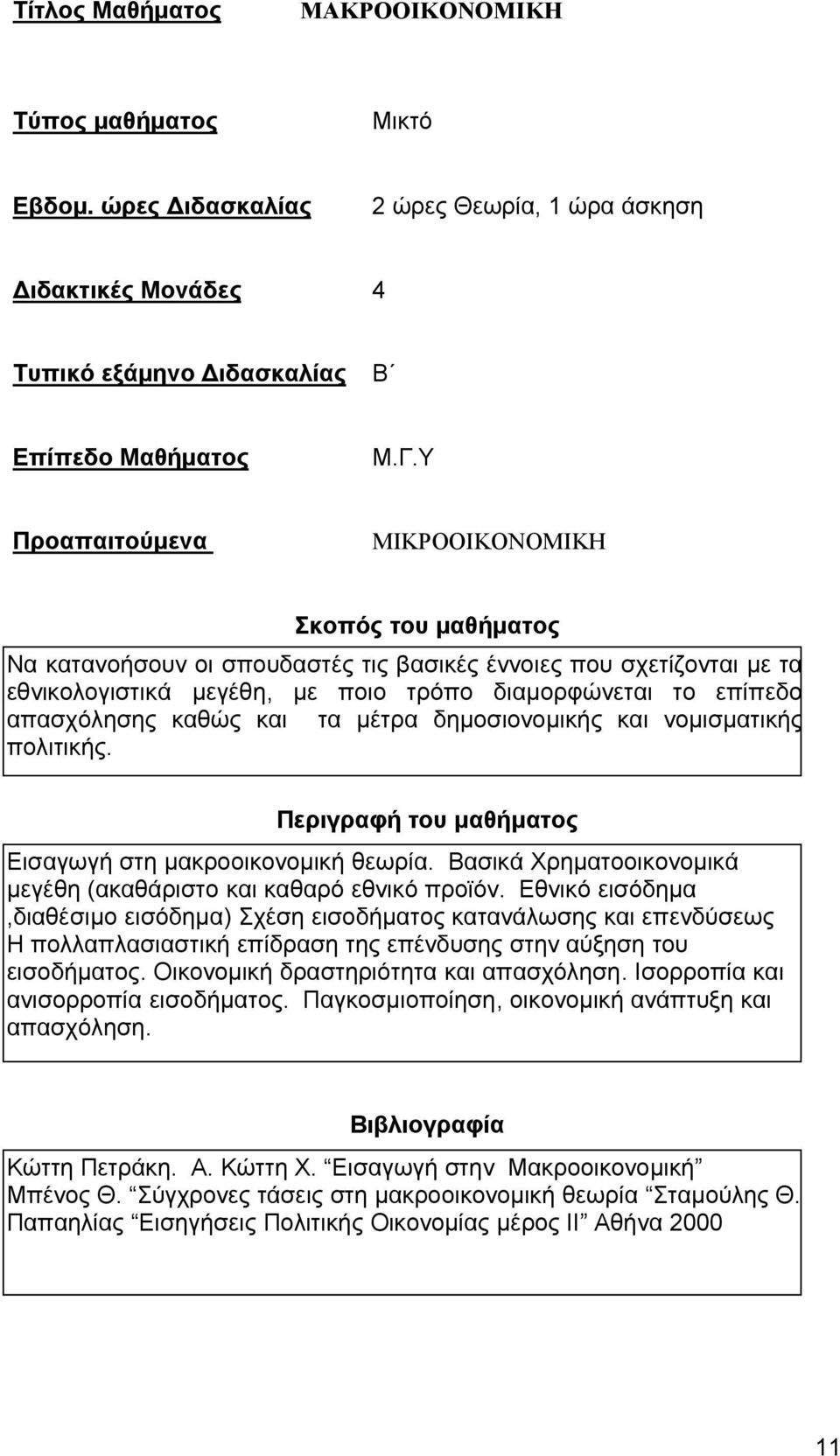 και νομισματικής πολιτικής. Εισαγωγή στη μακροοικονομική θεωρία. Βασικά Χρηματοοικονομικά μεγέθη (ακαθάριστο και καθαρό εθνικό προϊόν.