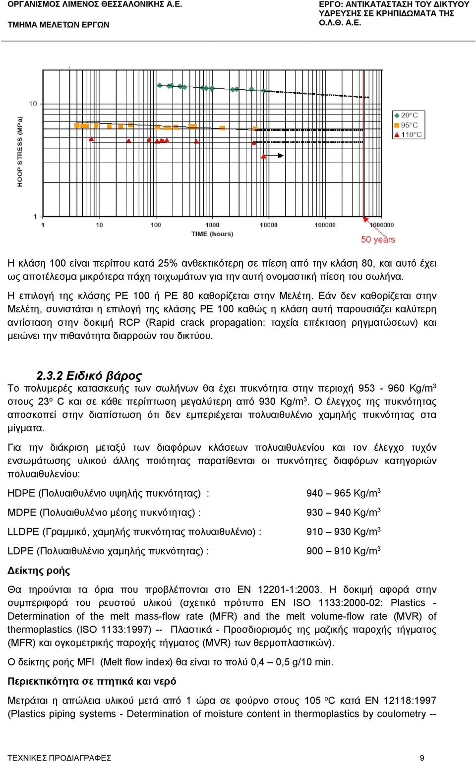 Εάν δεν καθορίζεται στην Μελέτη, συνιστάται η επιλογή της κλάσης PE 100 καθώς η κλάση αυτή παρουσιάζει καλύτερη αντίσταση στην δοκιμή RCP (Rapid crack propagation: ταχεία επέκταση ρηγματώσεων) και