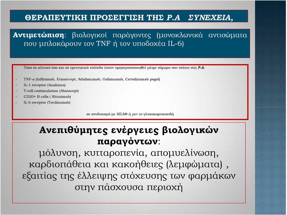 Α: TNF-a (Infliximab, Etanercept, Adalimumab, Golimumab, Certolizumab pegol) IL-1 receptor (Anakinra) T-cell costimulation (Abatacept) CD20+ B cells (