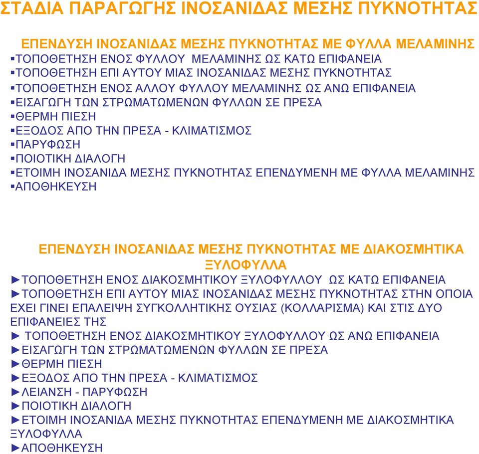 ΜΕΣΗΣ ΠΥΚΝΟΤΗΤΑΣ ΕΠΕΝΔΥΜΕΝΗ ΜΕ ΦΥΛΛΑ ΜΕΛΑΜΙΝΗΣ ΑΠΟΘΗΚΕΥΣΗ ΕΠΕΝΔΥΣΗ ΙΝΟΣΑΝΙΔΑΣ ΜΕΣΗΣ ΠΥΚΝΟΤΗΤΑΣ ΜΕ ΔΙΑΚΟΣΜΗΤΙΚΑ ΞΥΛΟΦΥΛΛΑ ΤΟΠΟΘΕΤΗΣΗ ΕΝΟΣ ΔΙΑΚΟΣΜΗΤΙΚΟΥ ΞΥΛΟΦΥΛΛΟΥ ΩΣ ΚΑΤΩ ΕΠΙΦΑΝΕΙΑ ΤΟΠΟΘΕΤΗΣΗ ΕΠΙ