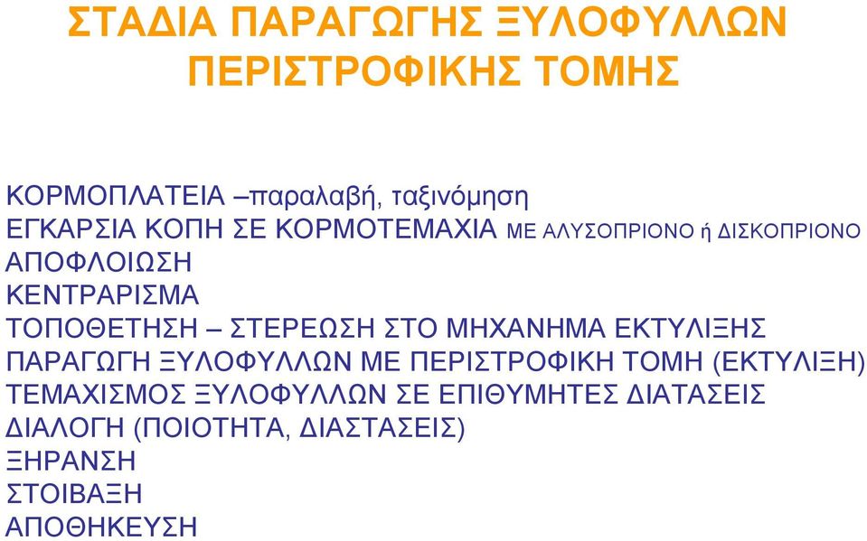 ΣΤΕΡΕΩΣΗ ΣΤΟ ΜΗΧΑΝΗΜΑ ΕΚΤΥΛΙΞΗΣ ΠΑΡΑΓΩΓΗ ΞΥΛΟΦΥΛΛΩΝ ΜΕ ΠΕΡΙΣΤΡΟΦΙΚΗ ΤΟΜΗ (ΕΚΤΥΛΙΞΗ)