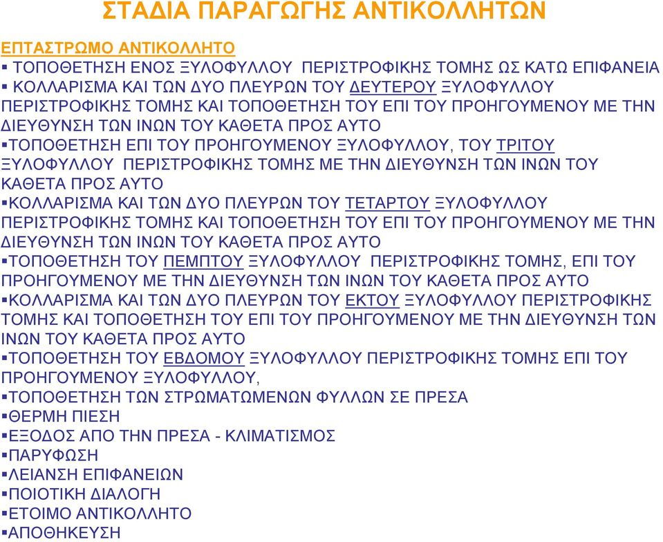 ΚΑΘΕΤΑ ΠΡΟΣ ΑΥΤΟ ΚΟΛΛΑΡΙΣΜΑ ΚΑΙ ΤΩΝ ΔΥΟ ΠΛΕΥΡΩΝ ΤΟΥ ΤΕΤΑΡΤΟΥ ΞΥΛΟΦΥΛΛΟΥ ΠΕΡΙΣΤΡΟΦΙΚΗΣ ΤΟΜΗΣ ΚΑΙ ΤΟΠΟΘΕΤΗΣΗ ΤΟΥ ΕΠΙ ΤΟΥ ΠΡΟΗΓΟΥΜΕΝΟΥ ΜΕ ΤΗΝ ΔΙΕΥΘΥΝΣΗ ΤΩΝ ΙΝΩΝ ΤΟΥ ΚΑΘΕΤΑ ΠΡΟΣ ΑΥΤΟ ΤΟΠΟΘΕΤΗΣΗ ΤΟΥ