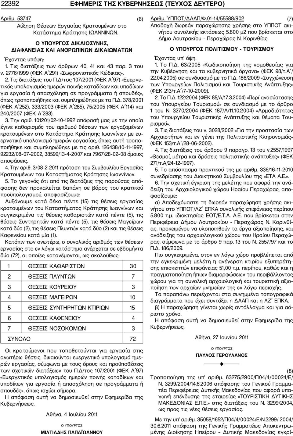 Δ/τος 107/2001 (ΦΕΚ Α 97) «Ευεργε τικός υπολογισμός ημερών ποινής καταδίκων και υποδίκων για εργασία ή απασχόληση σε προγράμματα ή σπουδές», όπως τροποποιήθηκε και συμπληρώθηκε με τα Π.Δ. 378/2001 (ΦΕΚ Α 252), 333/2003 (ΦΕΚ Α 285), 75/2005 (ΦΕΚ Α 114) και 240/2007 (ΦΕΚ Α 283).