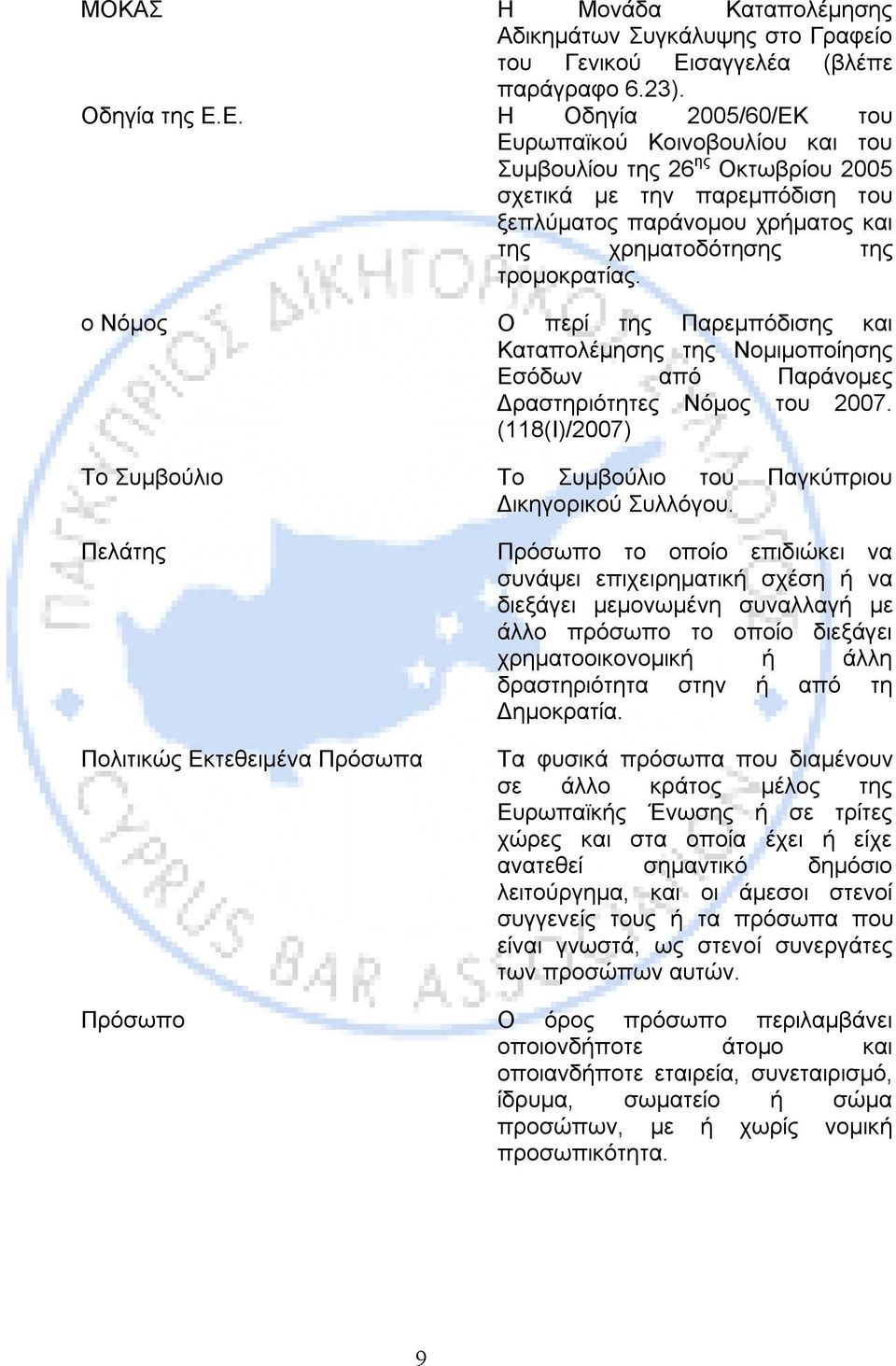 Ε. Η Οδηγία 2005/60/ΕΚ του Ευρωπαϊκού Κοινοβουλίου και του Συμβουλίου της 26 ης Οκτωβρίου 2005 σχετικά με την παρεμπόδιση του ξεπλύματος παράνομου χρήματος και της χρηματοδότησης της τρομοκρατίας.