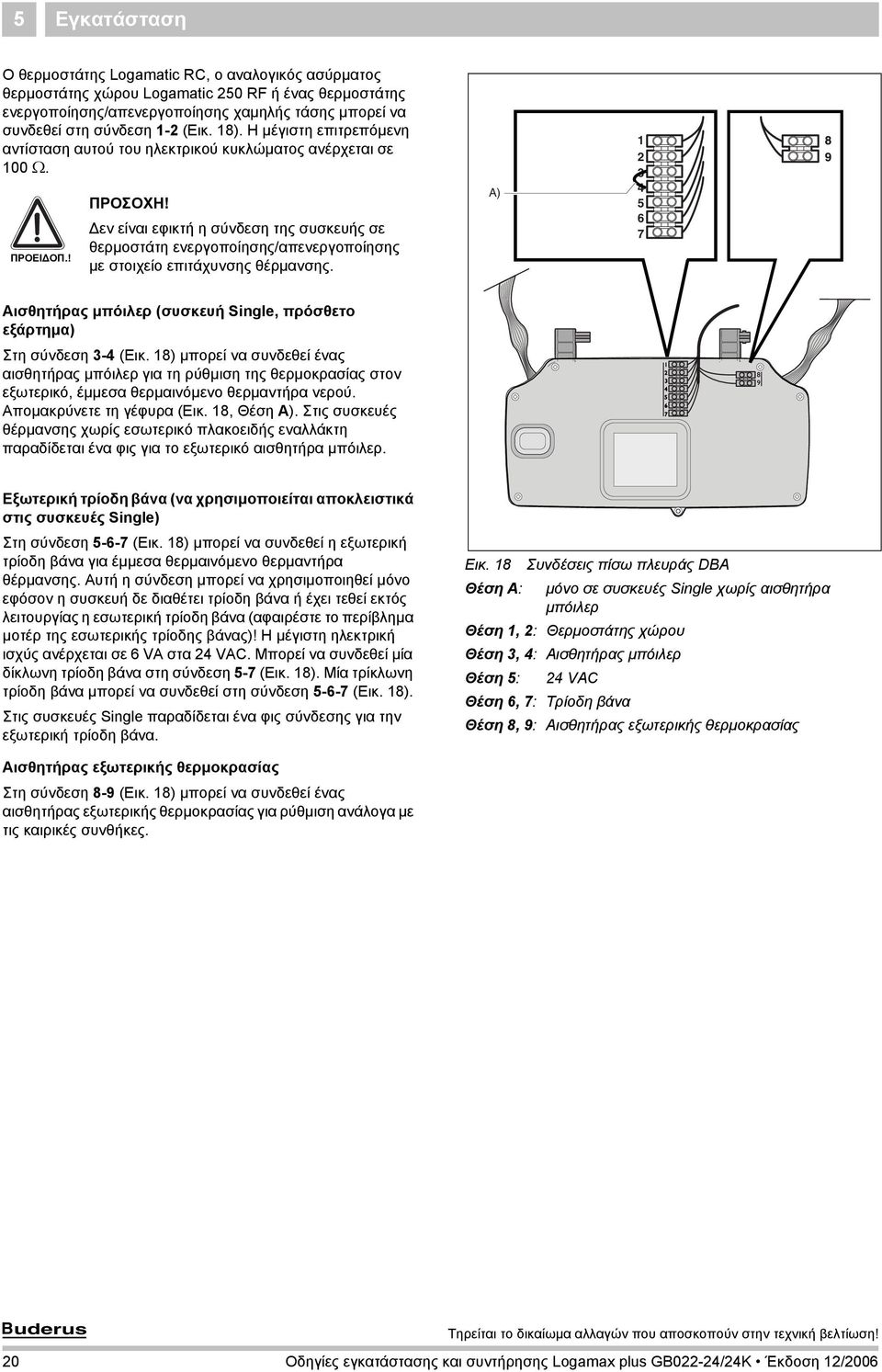 Δεν είναι εφικτή η σύνδεση της συσκευής σε θερμοστάτη ενεργοποίησης/απενεργοποίησης με στοιχείο επιτάχυνσης θέρμανσης. A) Raumtemp.