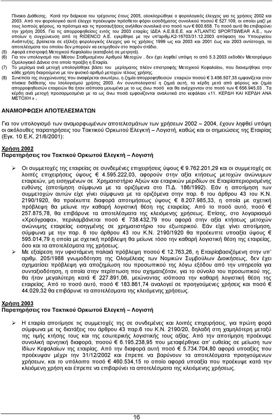 658. Το ποσό αυτό θα επιβαρύνει την χρήση 2005. Για τις απορροφηθείσες εντός του 2003 εταιρίες Ι ΕΑ Α.Ε.Β.Ε.Ε. και ATLANTIC SPORTSWEAR A.E., των οποίων η συγχώνευση από τη RIDENCO A.E. εγκρίθηκε µε την υπ'αριθµ.