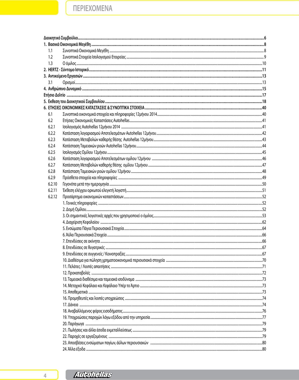 ΕΤΗΣΙΕΣ ΟΙΚΟΝΟΜΙΚΕΣ ΚΑΤΑΣΤΑΣΕΙΣ & ΣΥΝΟΠΤΙΚΑ ΣΤΟΙΧΕΙΑ...40 6.1 Συνοπτικά οικονομικά στοιχεία και πληροφορίες 12μήνου 2014...40 6.2 Ετήσιες Οικονομικές Καταστάσεις Autohellas...41 6.2.1 Ισολογισμός Autohellas 12μήνου 2014.