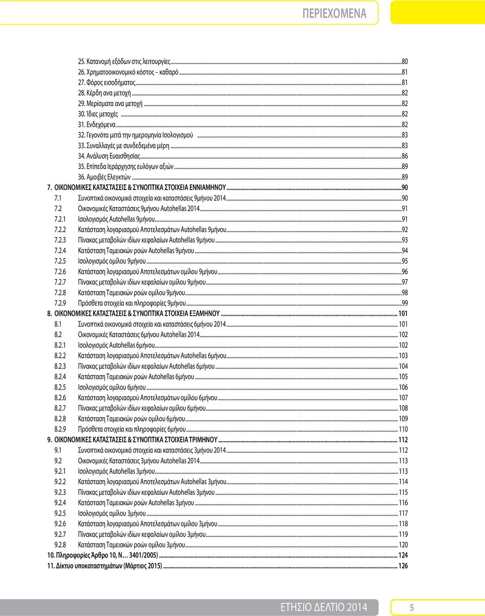 Αμοιβές Ελεγκτών...89 7. ΟΙΚΟΝΟΜΙΚΕΣ ΚΑΤΑΣΤΑΣΕΙΣ & ΣΥΝΟΠΤΙΚΑ ΣΤΟΙΧΕΙΑ ΕΝΝΙΑΜΗΝΟΥ...90 7.1 Συνοπτικά οικονομικά στοιχεία και καταστάσεις 9μήνου 2014...90 7.2 Οικονομικές Καταστάσεις 9μήνου Autohellas 2014.