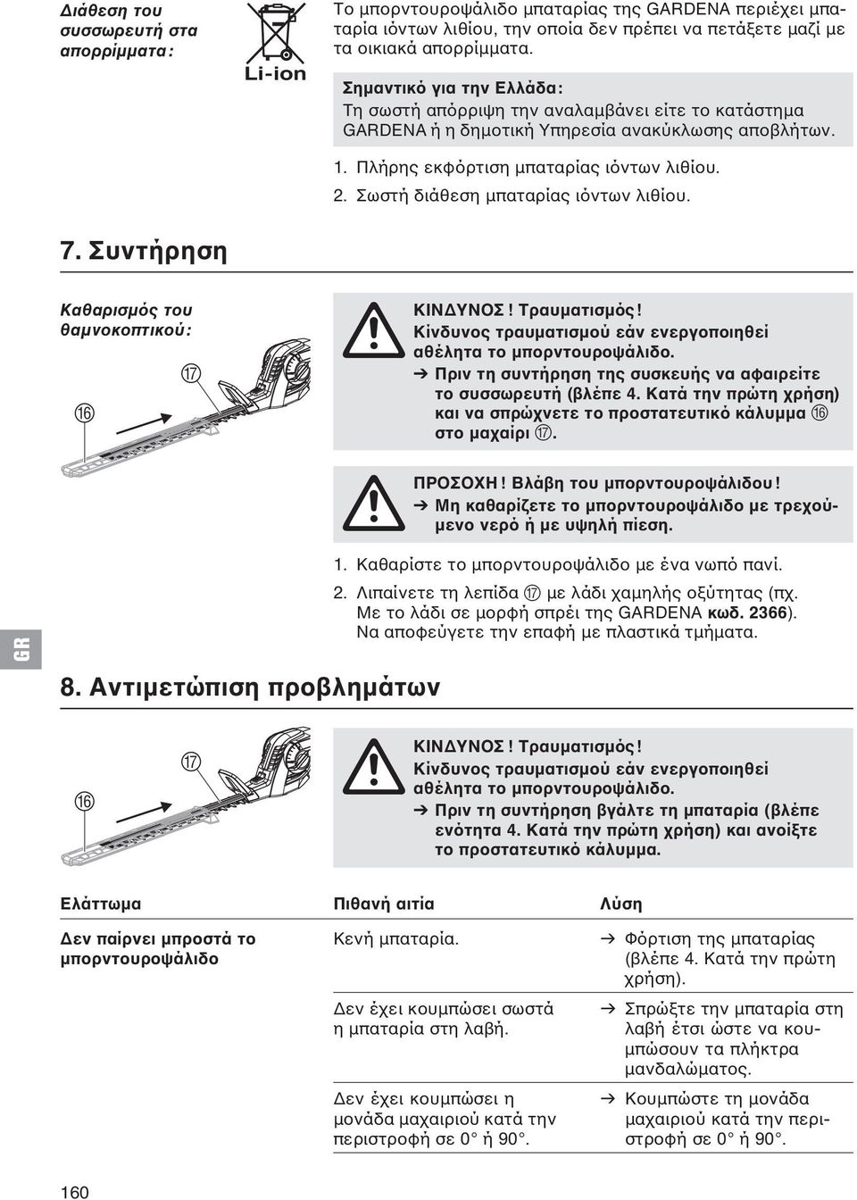 Όχι καλή εικόνα κοπής Αμβλύ μαχαίρι ή v Αντικατάσταση του ελαττωματικό. μαχαιριού από το σέρβις της GARDENA.